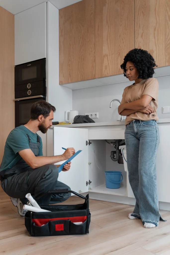 Plombier Liege discutant avec une cliente dans sa cuisine lors d’une intervention sous évier
