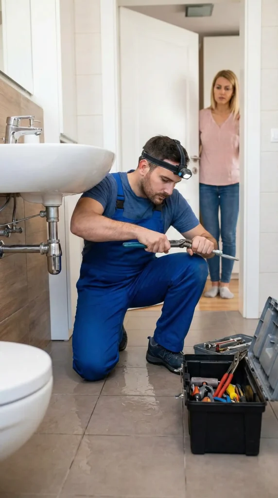 Diagnostic de fuite d'eau par un plombier Bruxelles avec lampe de poche et gants, prêt à réparer la canalisation.