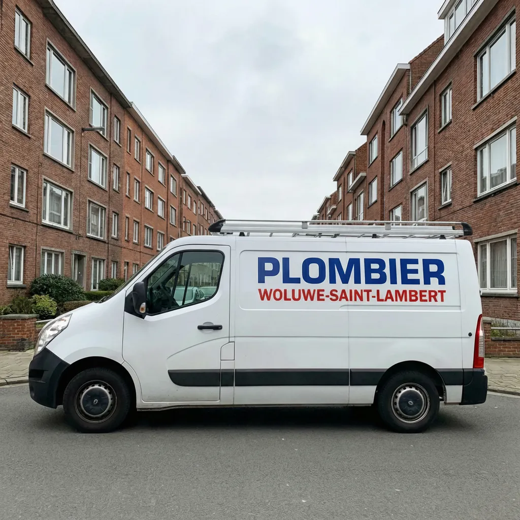 Camionnette de service blanche avec l'inscription "Plombier Woluwe-Saint-Lambert" garée dans une rue résidentielle bruxelloise pour un dépannage urgent.
