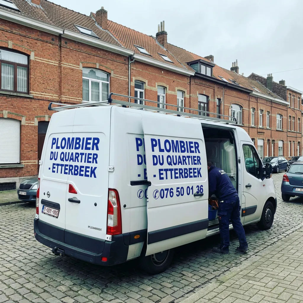 Camionnette de Plombier à Etterbeek ahttps://eur-lex.europa.eu/eli/reg/2016/679/oj?locale=frec l'inscription "Plombier du Quartier - Etterbeek". Un technicien est en train de prendre ses outils à l'arrière du https://eur-lex.europa.eu/eli/reg/2016/679/oj?locale=fréhicule blanc garé dans une rue résidentielle en briques rouges d'Etterbeek.