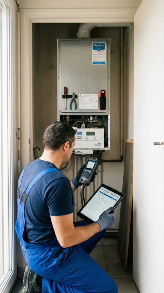 Chauffagiste effectuant la vérification et l'entretien chaudière Bruxelles avec un multimètre et des outils professionnels.