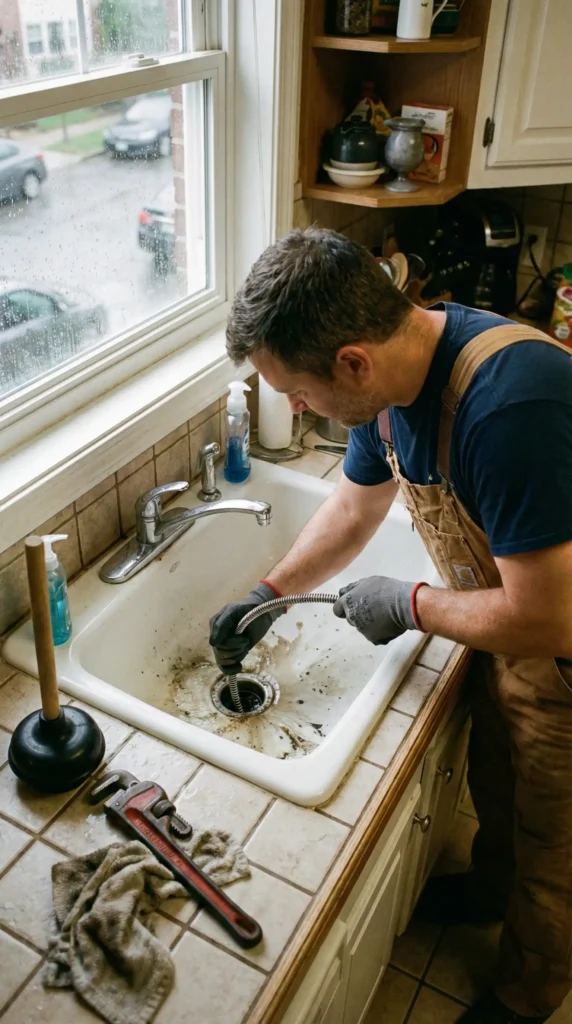Plombier effectuant un debouchage bruxelles de toilette avec furet électrique, avec outils ouverts et camionnette de service visible par la fenêtre.