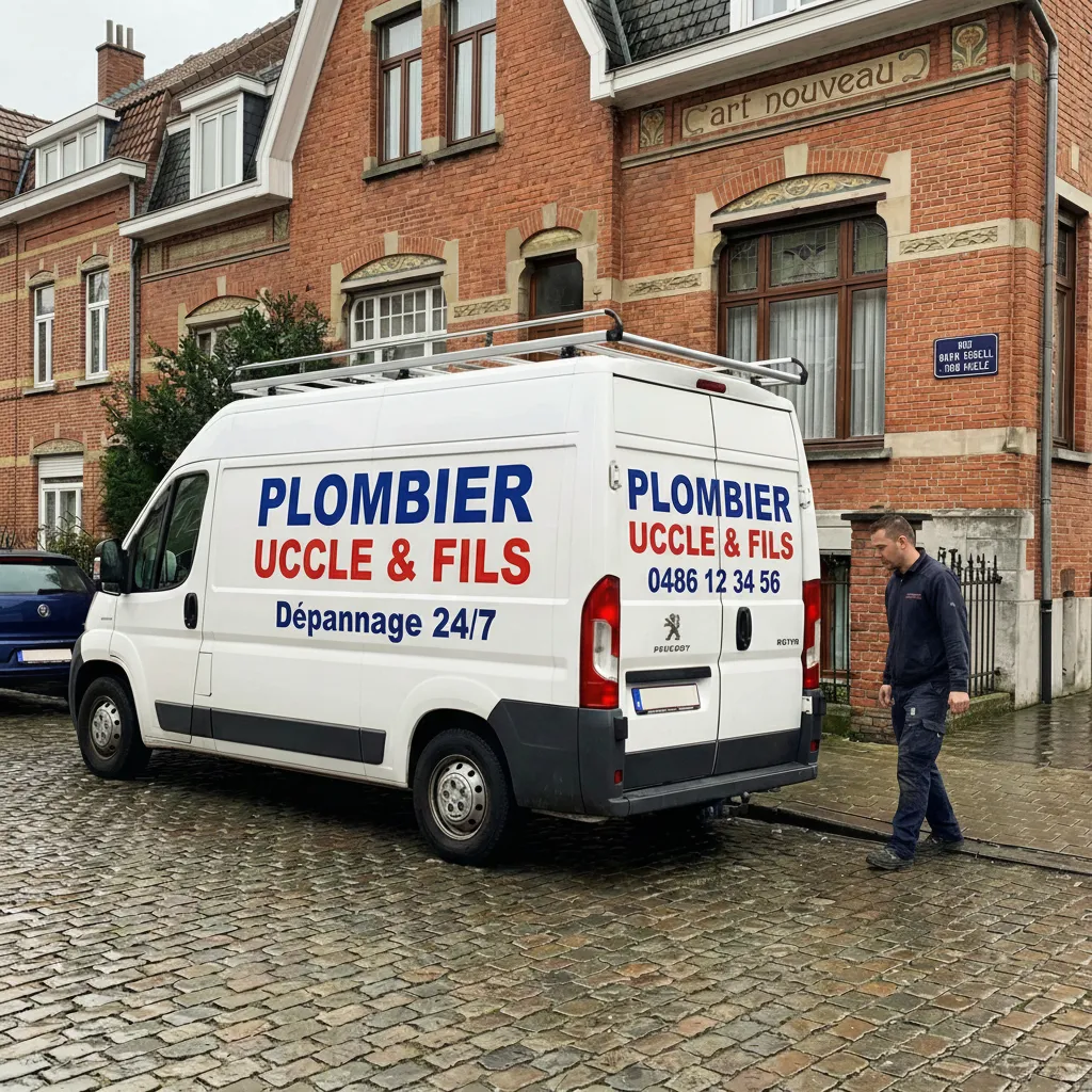 Plombier à Uccle: fourgonnette de dépannage 24/7 devant des maisons typiques de la commune d'Uccle, Bruxelles.