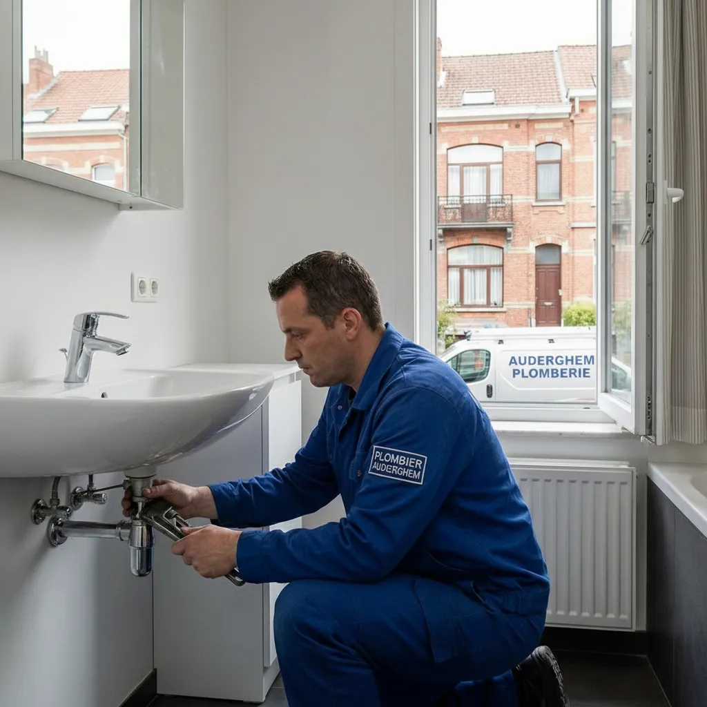 Plombier à Auderghem en train de réparer un lavabo dans une salle de bain lumineuse.