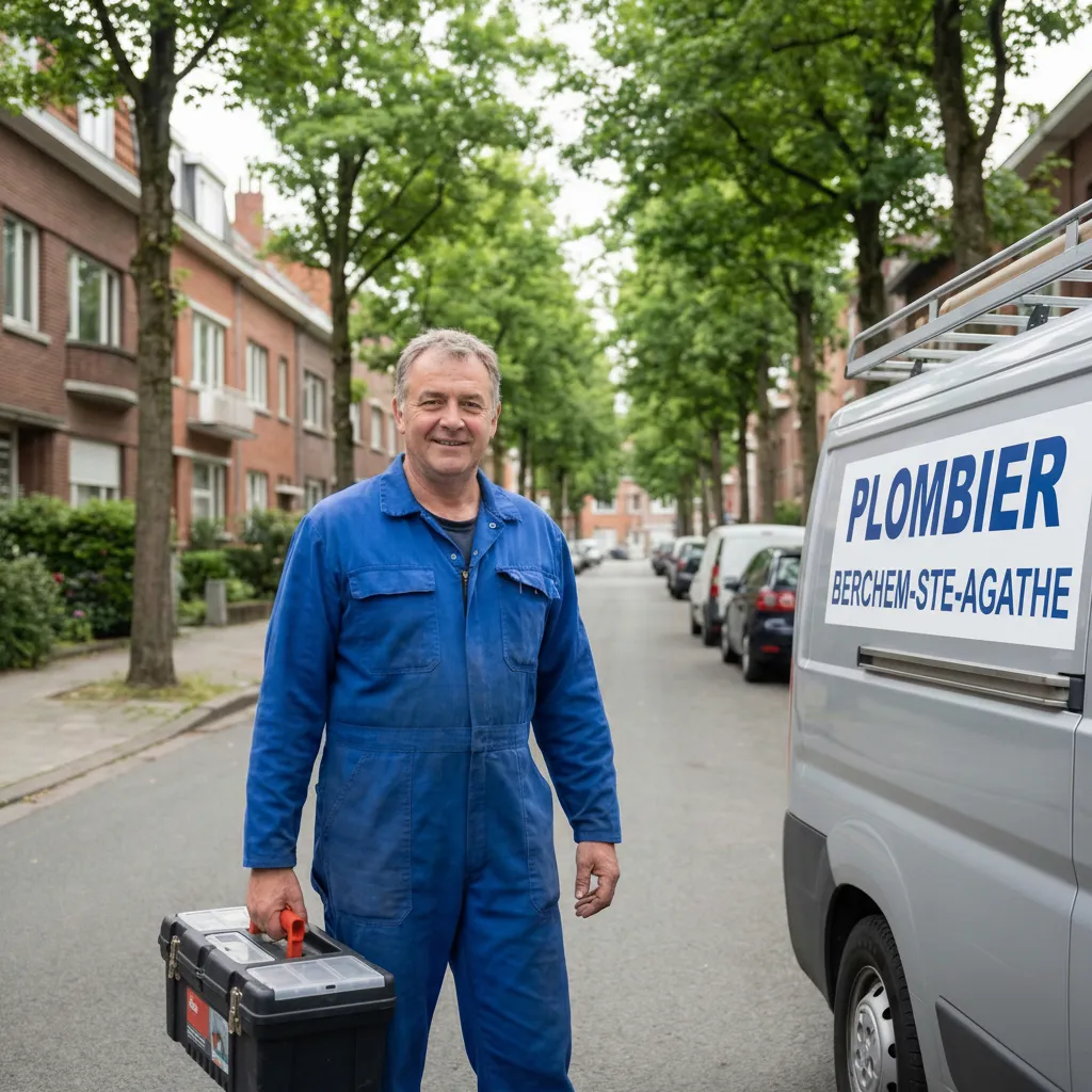 Plombier à Berchem-Sainte-Agathe souriant, en salopette bleue, tenant sa caisse à outils à côté de sa camionnette de service dans une rue résidentielle.