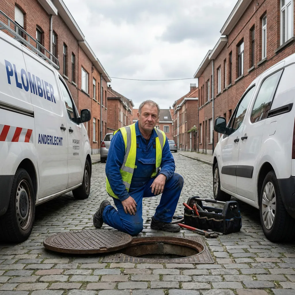 Plombier professionnel d'Anderlecht agenouillé devant une bouche d'égout ouverte sur une rue pavée, prêt à intervenir pour un débouchage ou une inspection de canalisation.
