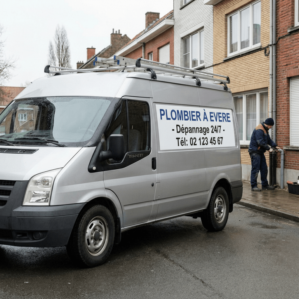 Fourgon de service gris avec l'inscription "Plombier à Evere - Dépannage 24/7" garé devant des maisons, montrant un Plombier à Evere travaillant sur une descente pluviale.