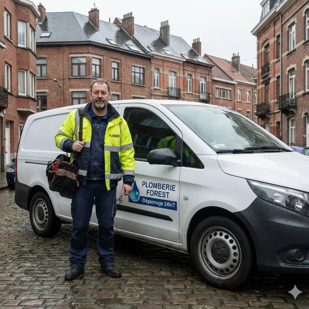 Plombier à Forest, professionnel, portant un gilet de sécurité, debout devant sa camionnette de service pour la Plomberie Forest sur une rue pavée.