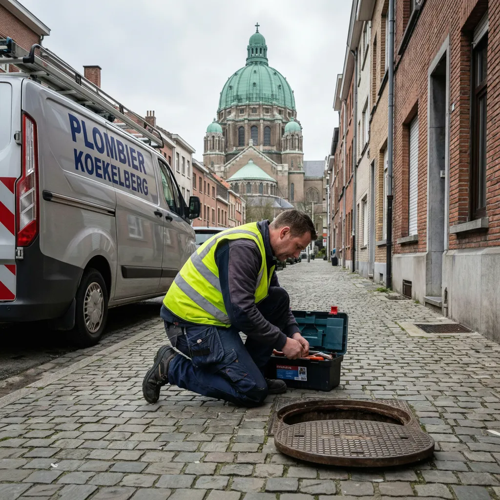 Plombier à Koekelberg inspectant une bouche d'égout avec sa caisse à outils devant son fourgon et la Basilique de Koekelberg en arrière-plan.