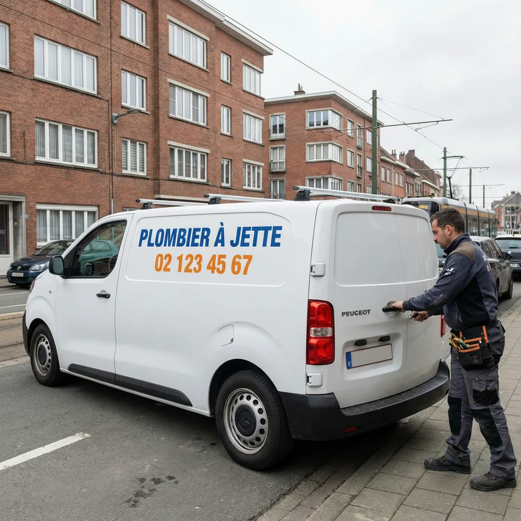 Plombier à Jette en action, ouvrant l'arrière d'une fourgonnette utilitaire blanche Peugeot pour récupérer ses outils dans une rue résidentielle de Jette