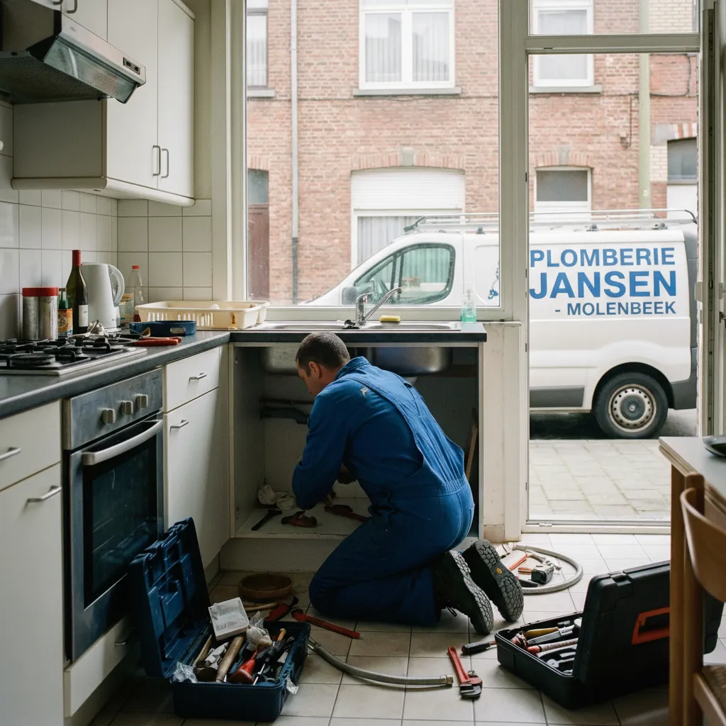 Plombier à Molenbeek-Saint-Jean en salopette bleue réparant une fuite sous l'évier de cuisine avec ses outils.