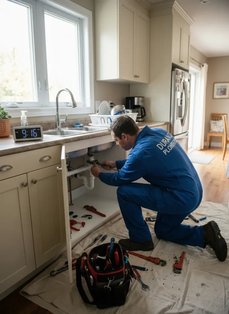 Gros plan sur les mains d'un plombier sur Bruxelles utilisant une clé pour travailler sur un raccord de tuyauterie d'eau chaude et froide en cuivre sous un lavabo de salle de bain.