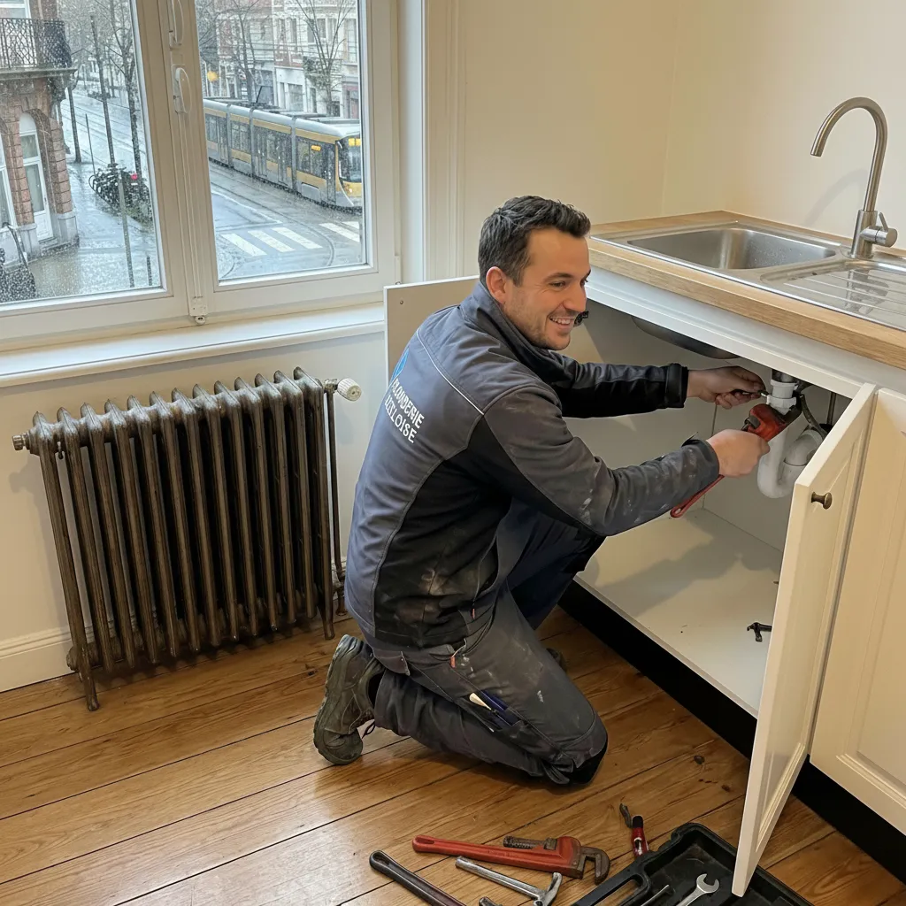 Plombier à Ixelles souriant réparant une fuite sous l'évier de cuisine dans un appartement moderne avec vue sur le tram.
