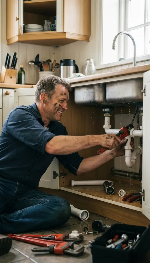 Plombier professionnel en pleine intervention de plomberie Bruxelles pour réparer une fuite d'eau importante sous un évier de cuisine avec une clé serre-tube.