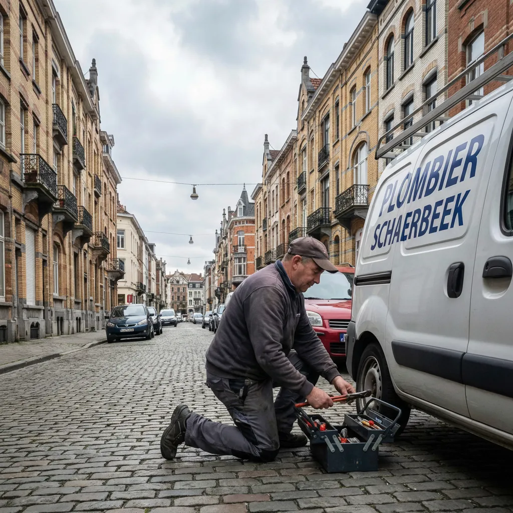 Un plombier à Schaerbeek en tenue de travail s'agenouille pour prendre ses outils dans sa caisse à côté de son véhicule de service, garé sur une rue pavée typique de Schaerbeek.