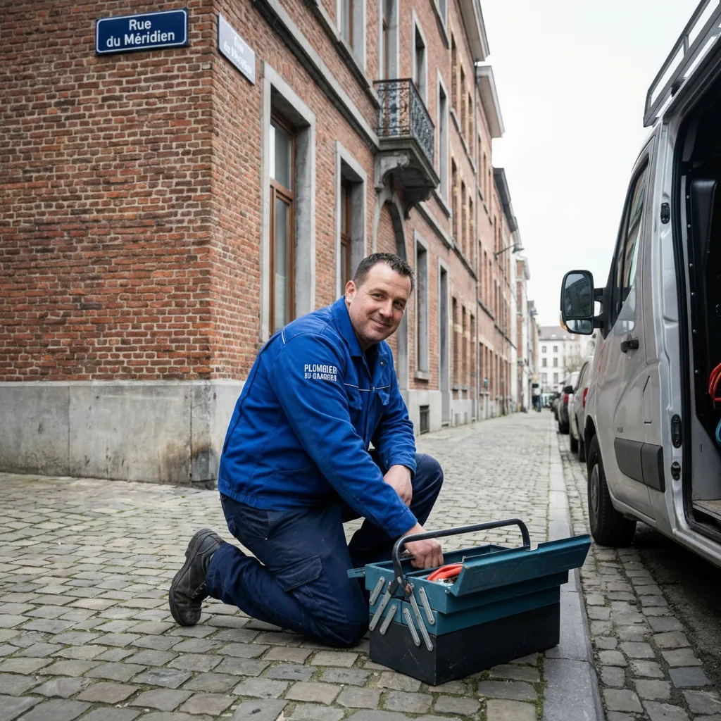 Plombier à Saint-Josse-ten-Noode en intervention sur la Rue du Méridien, accroupi à côté de sa boîte à outils. Le spécialiste en plomberie porte une veste de travail bleue.