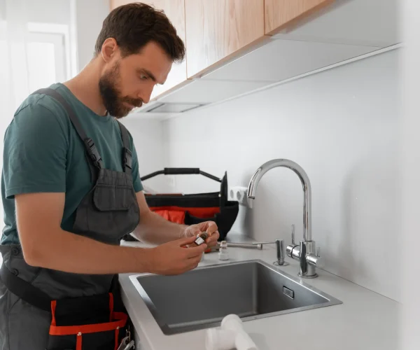Plombier urgence réparant un évier de cuisine moderne