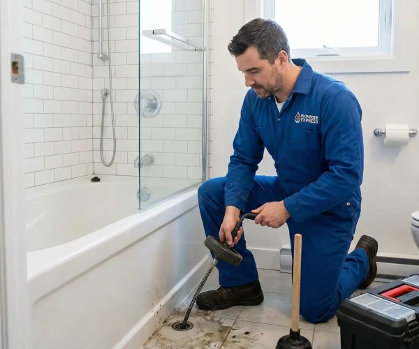 Plombier professionnel effectuant un debouchage bruxelles de douche ou de baignoire avec un furet manuel dans une salle de bain moderne.