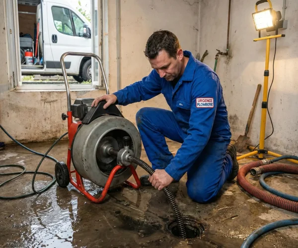 Technicien en haute visibilité effectuant un debouchage bruxelles d'égout en milieu urbain avec un furet motorisé puissant près d'une camionnette de service rapide.