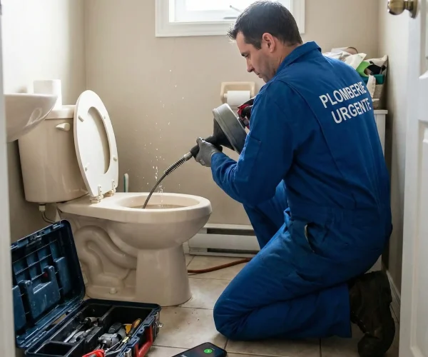 Plombier de Plomberie Bruxelles effectuant un debouchage bruxelles d'un lavabo bouché avec un furet, dans une salle de bain claire donnant sur une ruelle pavée de Bruxelles.