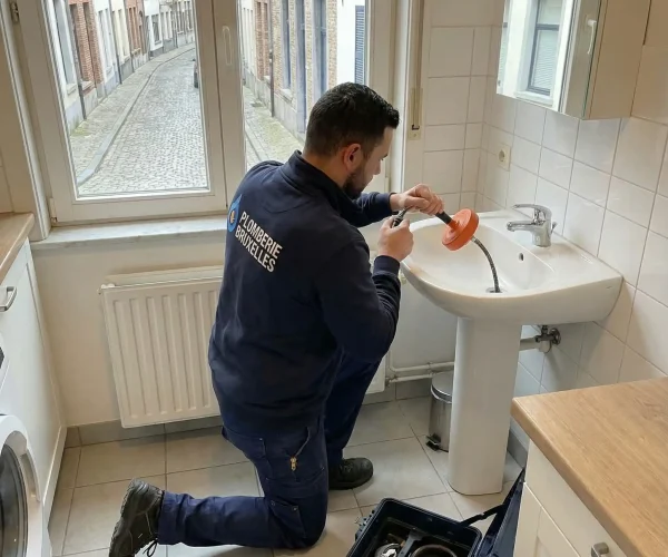Plombier professionnel effectuant un debouchage bruxelles d'un lavabo bouché avec une ventouse, dans une salle de bain lumineuse avec vue sur une rue pavée typique de Bruxelles.