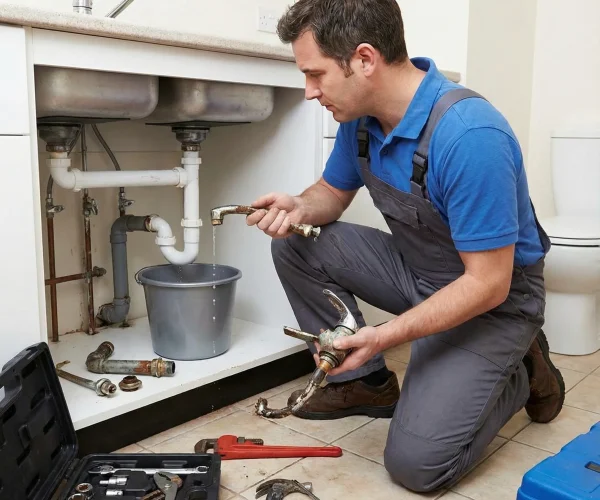 Plombier bxl remplaçant un robinet défectueux sous un double évier de cuisine ou de salle de bain.