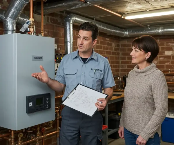 Plombier Mons expliquant un système de chaudière à une cliente
