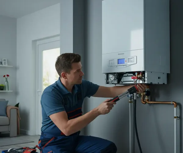 plombier Namur effectuant l’entretien d’une chaudière murale