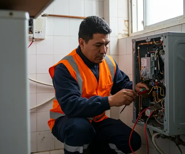 technicien chauffagiste plombier charleroi réparant une chaudière