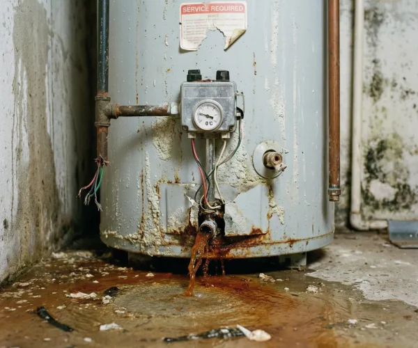Chauffe-eau défectueux avec fuite d'eau rouillée sur le sol, service de plomberie Bruxelles.