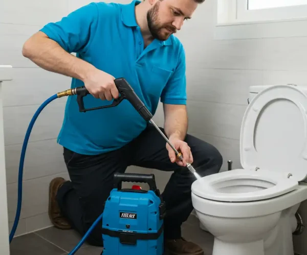 Plombier Mons effectuant un débouchage de toilettes avec un outil haute pression