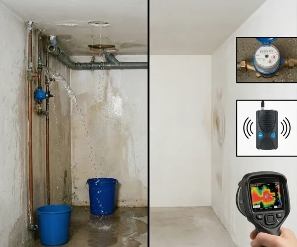 Comparaison entre un dégât des eaux majeur avec tuyauterie rompue et les méthodes de détection de fuite non-destructive par une entreprise de plomberie Bruxelles.