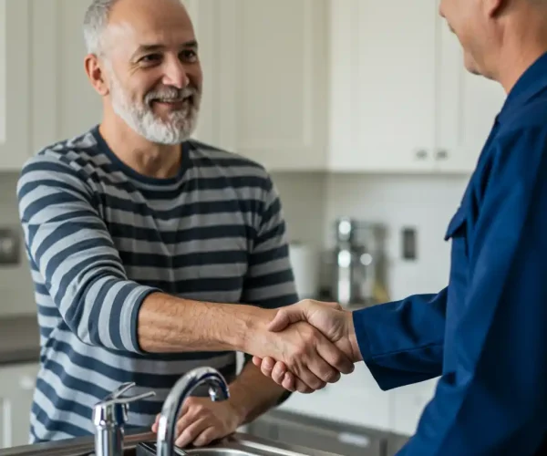 Client satisfait serrant la main d’un plombier Mons