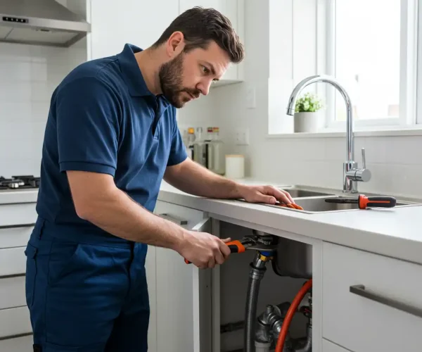 plombier Namur effectuant une réparation sous un évier de cuisine
