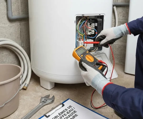 Plombier bxl réalisant un dépannage de chauffe-eau électrique avec un multimètre pour diagnostic.