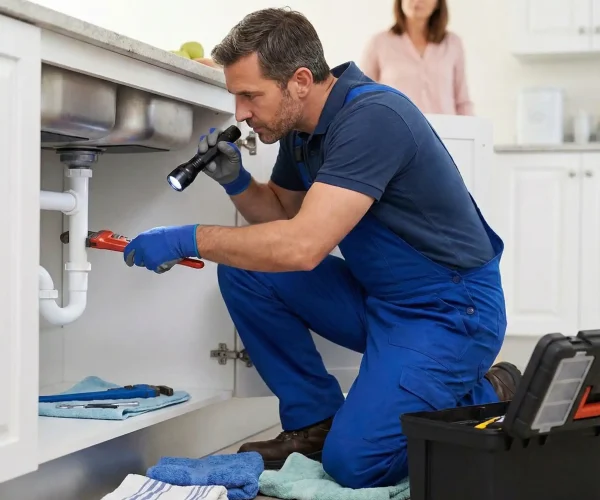 Diagnostic de fuite par un plombier Bruxelles avec lampe de poche sous l'évier double.