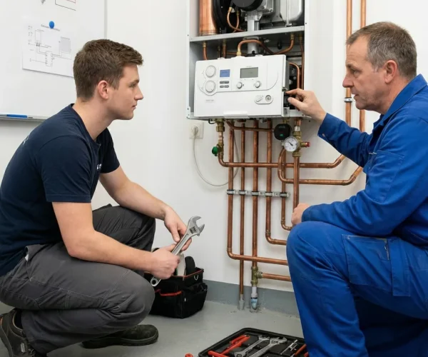 Deux techniciens chauffagistes plombiers à Bruxelles effectuent l'entretien annuel d'une chaudière à gaz. L'un, plus expérimenté, montre un réglage à son jeune collègue. Équipe de maintenance et réparation de chauffage.