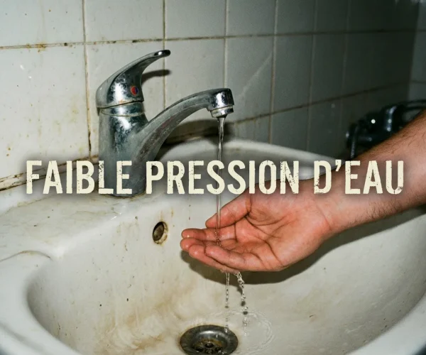 Main sous un robinet de lavabo avec un faible filet d'eau et le texte "FAIBLE PRESSION D'EAU". Problème de plomberie résidentielle à Bruxelles.