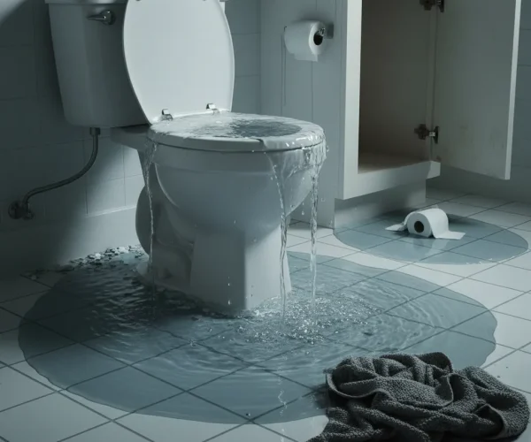 Toilette qui déborde et inonde une salle de bain, nécessitant une intervention de plomberie Bruxelles.