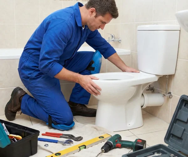 Installation et raccordement de WC par un plombier Bruxelles qualifié dans une salle de bain carrelée.