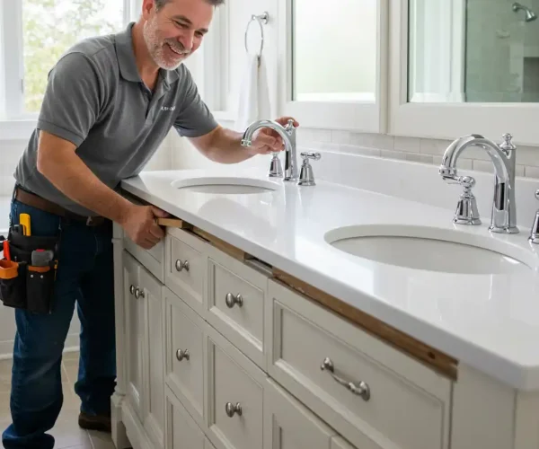 Plombier Mons testant l’installation d’un lavabo double vasque