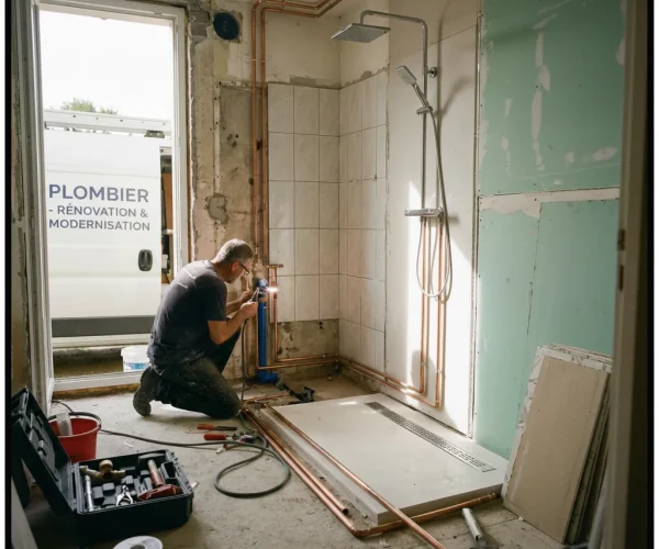 Un chauffagiste plombier Bruxelles effectue une soudure sur des tuyaux de cuivre lors de l'installation de la plomberie d'une douche de salle de bain en rénovation.