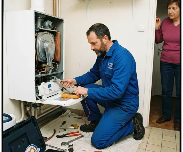 Un chauffagiste plombier Bruxelles en combinaison bleue vérifie une chaudière murale avec un multimètre pendant qu'une cliente observe.