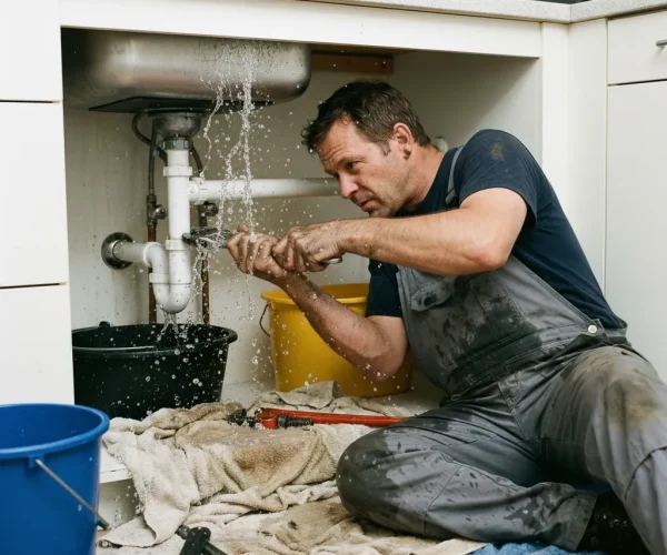 Plombier bxl réparant une fuite d'évier de cuisine en urgence.