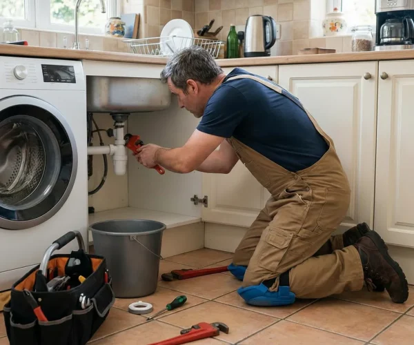 A chauffagiste plombier bruxelles is kneeling down, fixing the plumbing under a modern kitchen sink, next to a washing machine, with a toolbox and tools scattered around the tiled floor.
