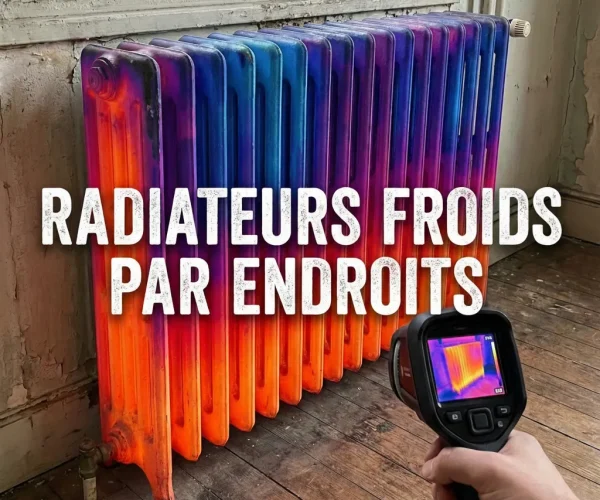 Radiateur en fonte ancien vu par caméra thermique, montrant des zones chaudes (rouge/orange) et froides (bleu/violet) dues à un embouage ou un mauvais réglage. Purge et entretien par un Plombier sur Bruxelles.