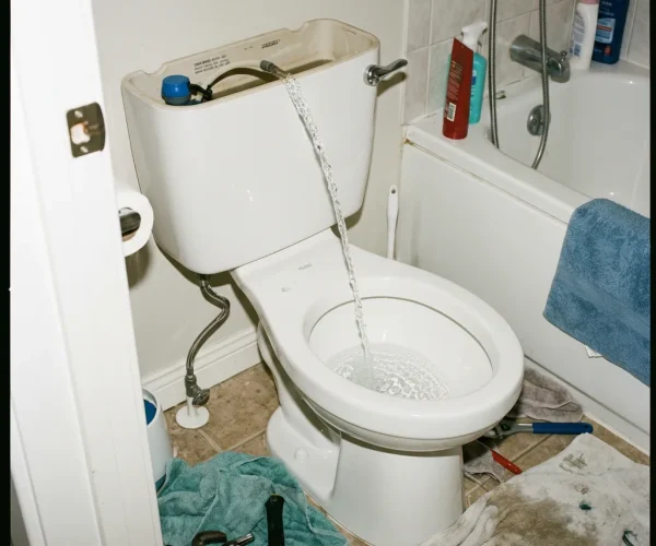 Toilettes avec le réservoir ouvert, montrant l'eau s'écoulant du réservoir vers la cuvette à cause d'un mécanisme de chasse défectueux. Problème de fuite à réparer par un Plombier sur Bruxelles.