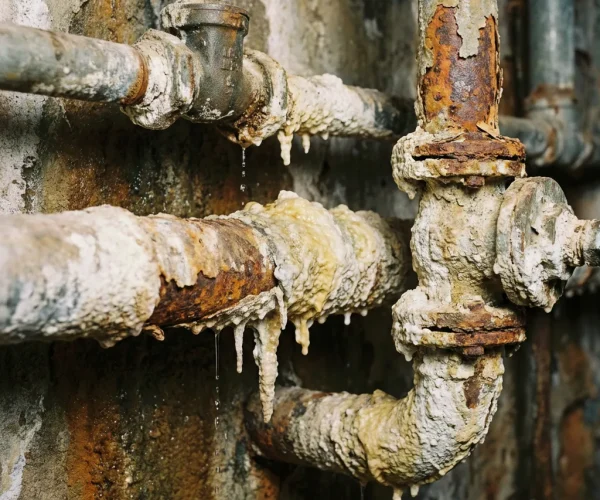 Ancienne tuyauterie de plomberie à Bruxelles présentant une corrosion extrême, des dépôts de calcaire massifs et des fuites d'eau actives sur des raccords rouillés.